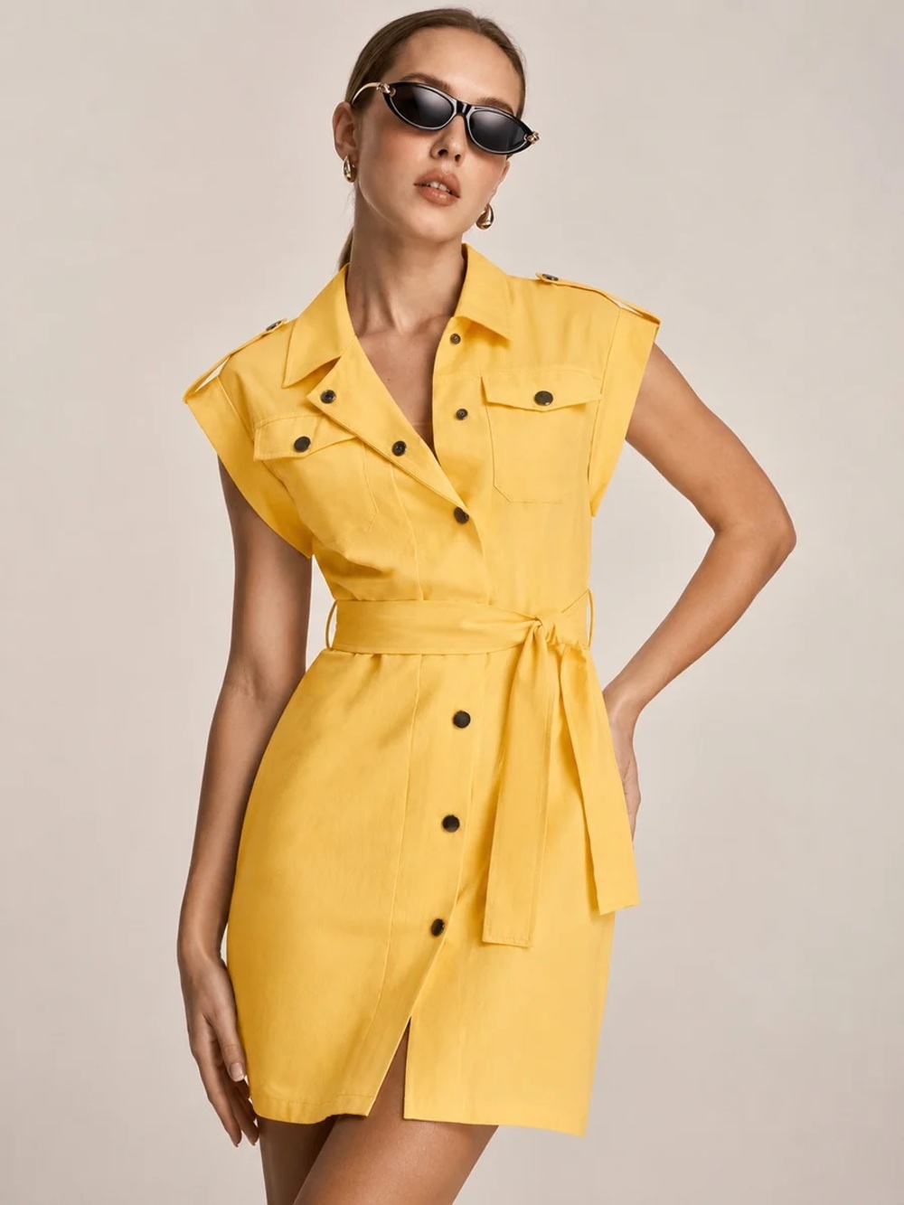 Commense Epaulet Belted Cotton Shirt Mini Dress